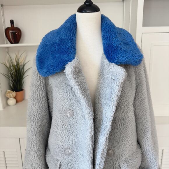 Tov Holy Colorblock Gray Blue Collar Long Teddy Coat Size M - Picture 1 of 7